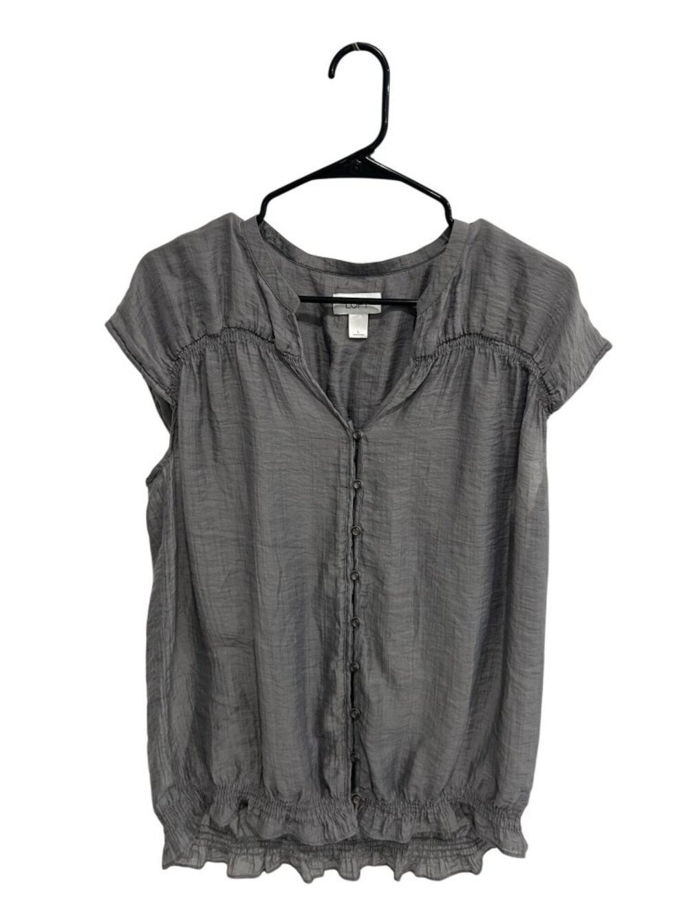 Ann Taylor Loft Large Gray Button Blouse Ruffle Hem Short Sleeves Retro Vintage